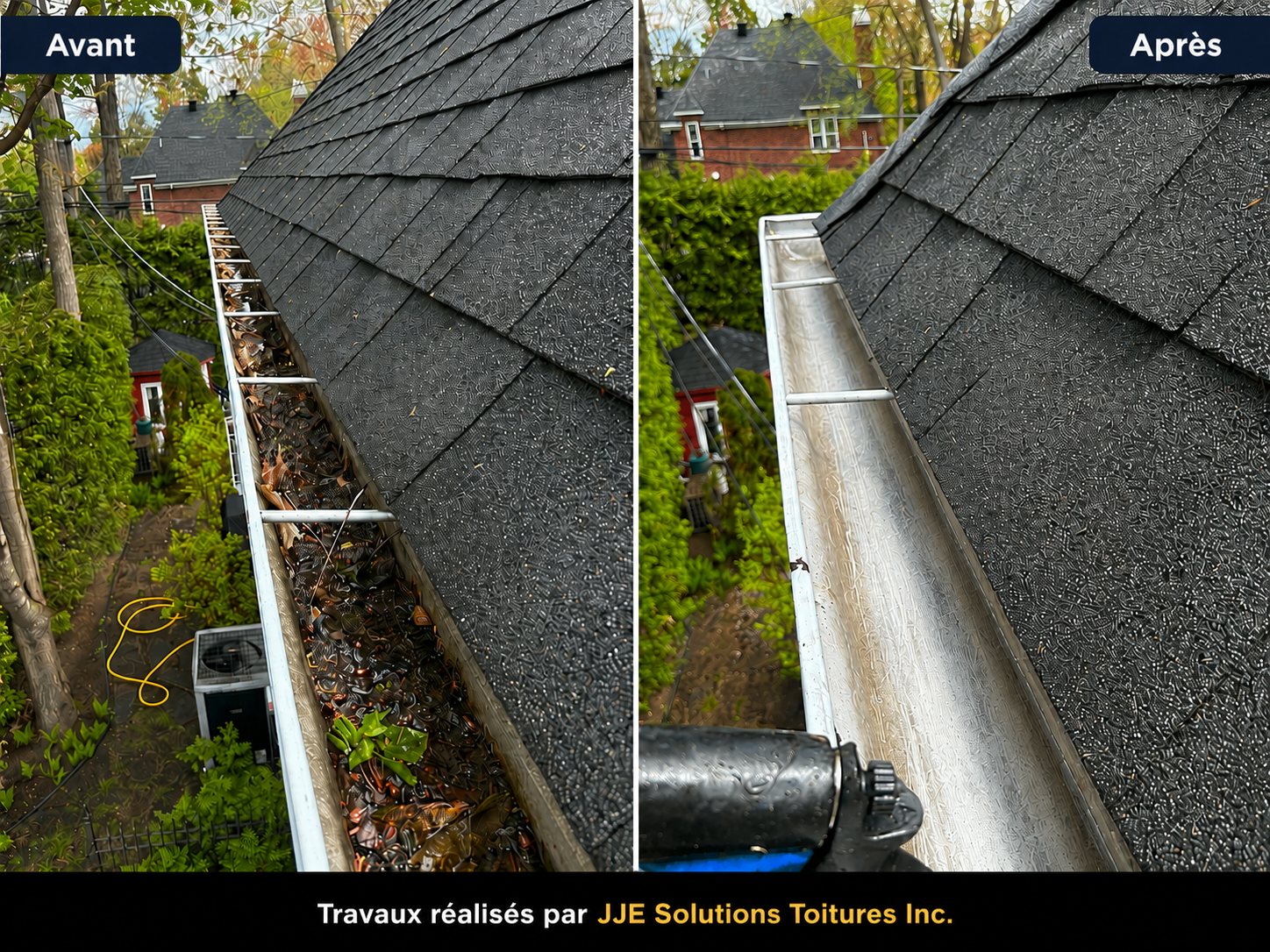 Avant / après — nettoyage de l'intérieur des gouttières par JJE Solutions Toitures inc. sur la Rive-Nord